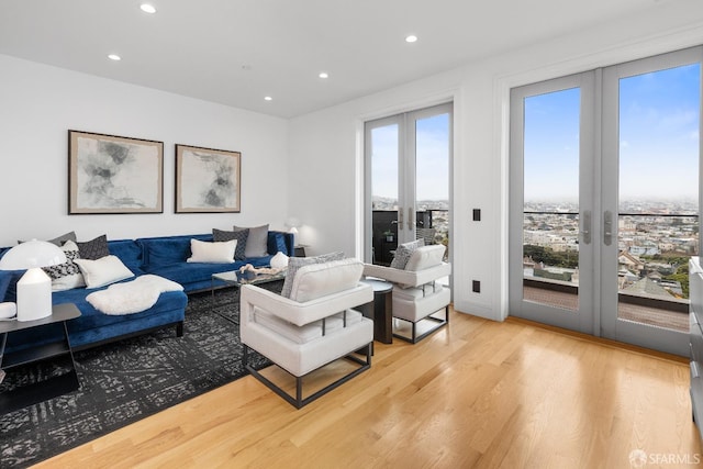 living room with light hardwood / wood-style flooring, a wealth of natural light, and french doors