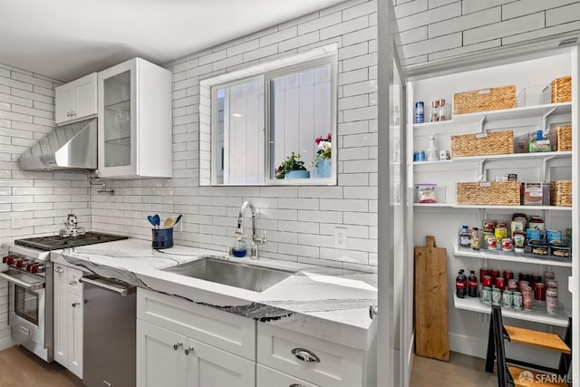 kitchen featuring appliances with stainless steel finishes, a sink, under cabinet range hood, and white cabinetry