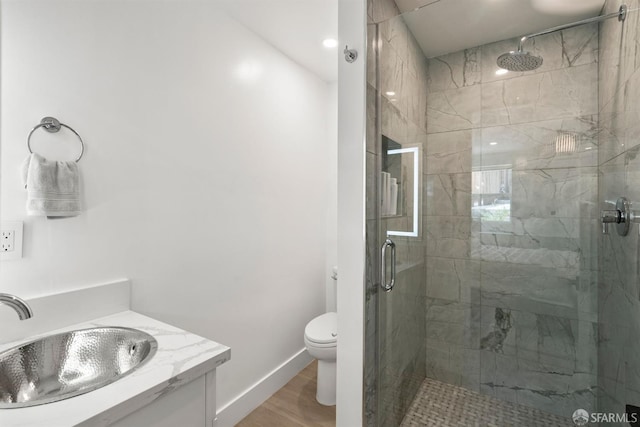 full bathroom with a shower stall, toilet, vanity, and wood finished floors