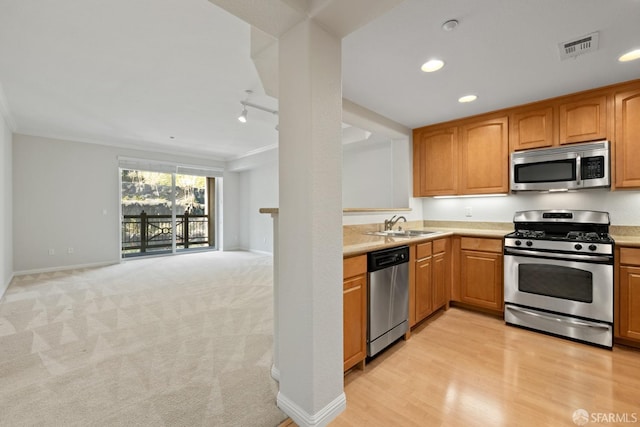 kitchen with stainless steel appliances, crown molding, sink, and light colored carpet