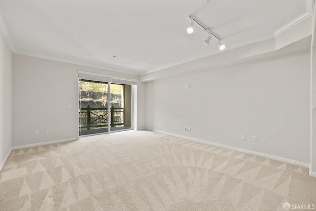 carpeted spare room featuring crown molding and track lighting