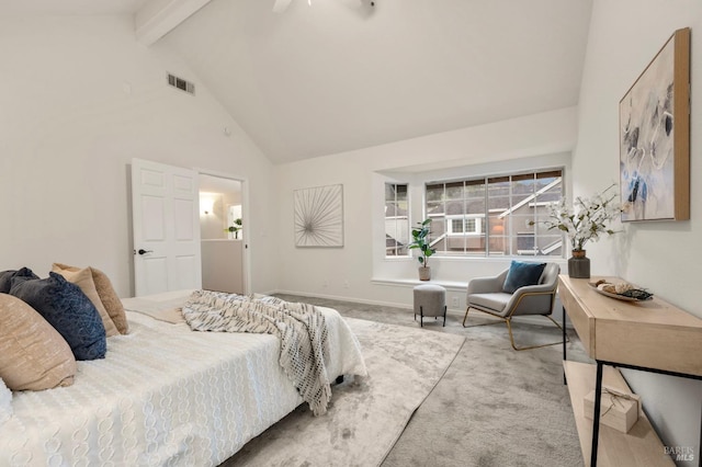 bedroom featuring baseboards, visible vents, carpet floors, high vaulted ceiling, and beam ceiling