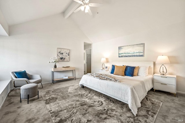 bedroom featuring baseboards, ceiling fan, beamed ceiling, carpet, and high vaulted ceiling