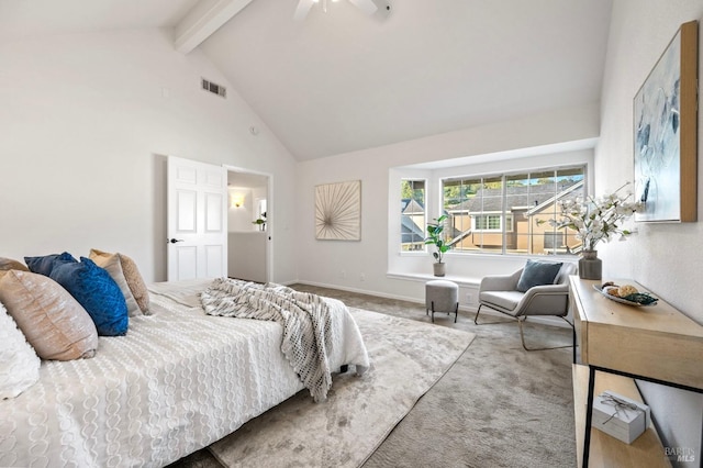 carpeted bedroom featuring visible vents, a ceiling fan, high vaulted ceiling, beamed ceiling, and baseboards