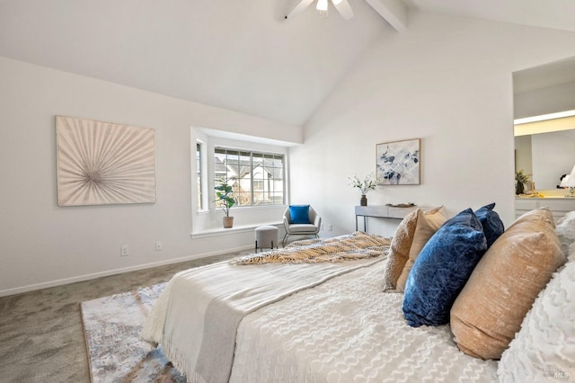 carpeted bedroom featuring high vaulted ceiling, ceiling fan, baseboards, and beam ceiling