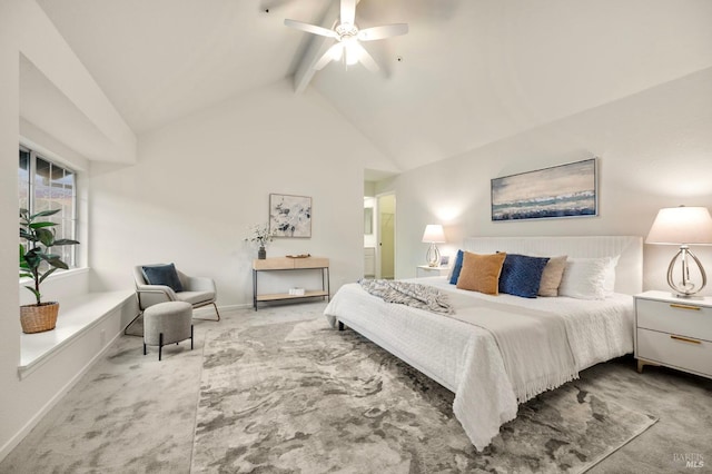 carpeted bedroom featuring ceiling fan, high vaulted ceiling, beamed ceiling, and baseboards