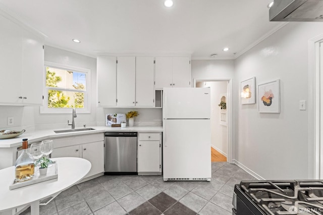 kitchen featuring light countertops, freestanding refrigerator, white cabinets, a sink, and dishwasher