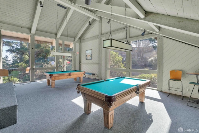 recreation room featuring plenty of natural light, vaulted ceiling with beams, pool table, and carpet flooring