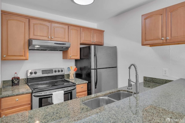 kitchen with sink, stone counters, and appliances with stainless steel finishes