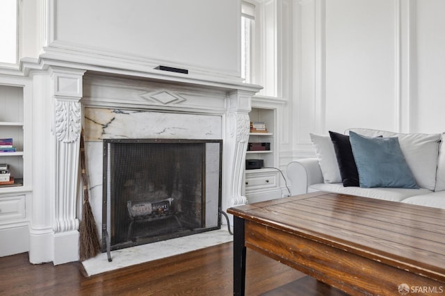 details featuring hardwood / wood-style floors and a premium fireplace