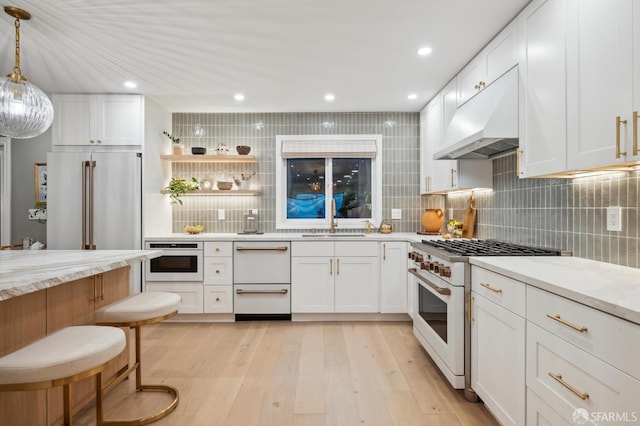 kitchen featuring premium range hood, sink, white cabinetry, premium appliances, and light stone countertops