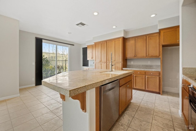 kitchen with sink, stainless steel dishwasher, a breakfast bar, light tile patterned floors, and a center island with sink