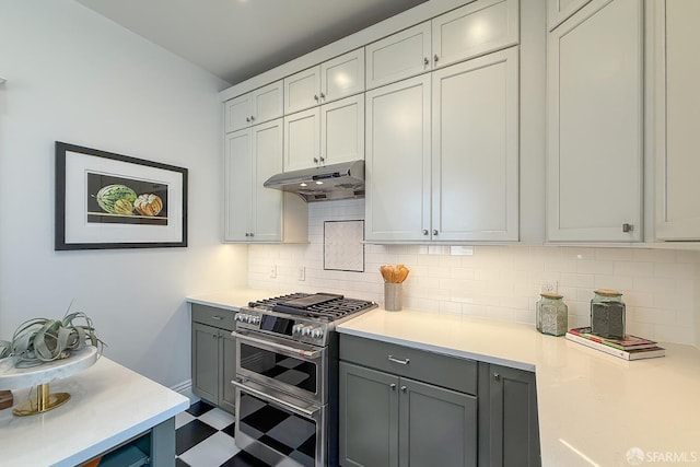 241 Lily St Unit B, San Francisco, CA 94102 - kitchen with double oven range, under cabinet range hood, gray cabinetry, and light countertops