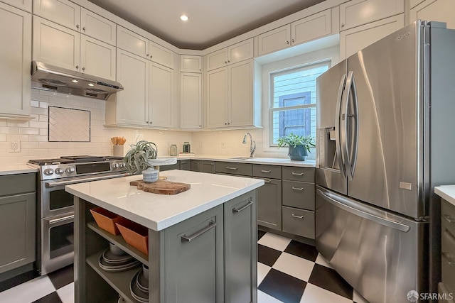 241 Lily St Unit B, San Francisco, CA 94102 - kitchen with appliances with stainless steel finishes, gray cabinetry, tile patterned floors, and under cabinet range hood
