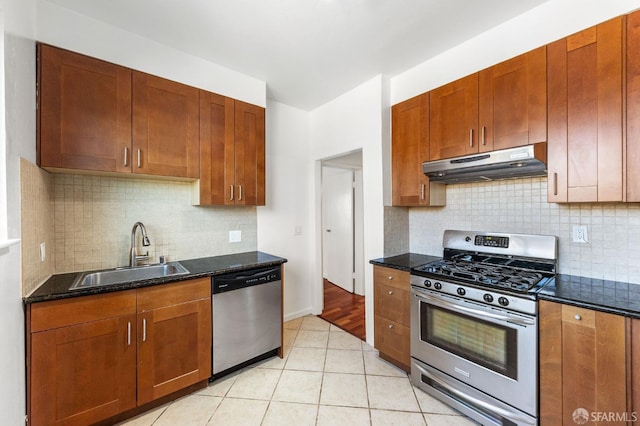 906 40th St, Oakland, CA 94608 - kitchen with appliances with stainless steel finishes, under cabinet range hood, a sink, light tile patterned floors, and tasteful backsplash