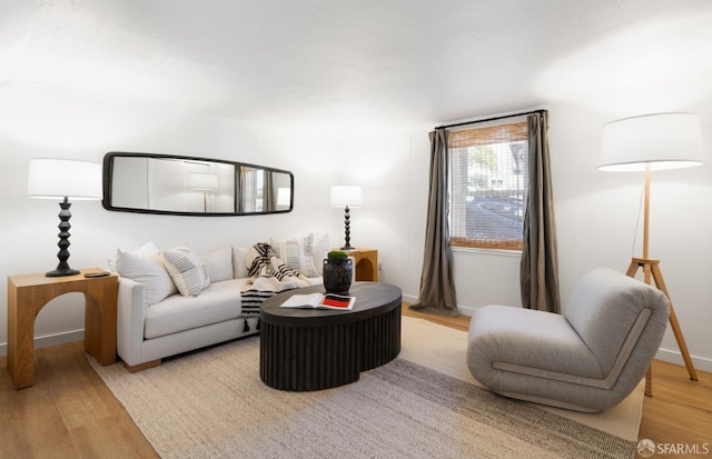 living room with baseboards and light wood finished floors