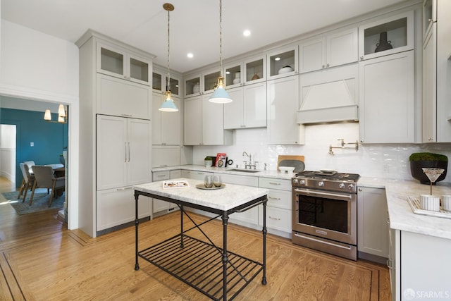 kitchen featuring a sink, custom exhaust hood, backsplash, light wood finished floors, and gas range