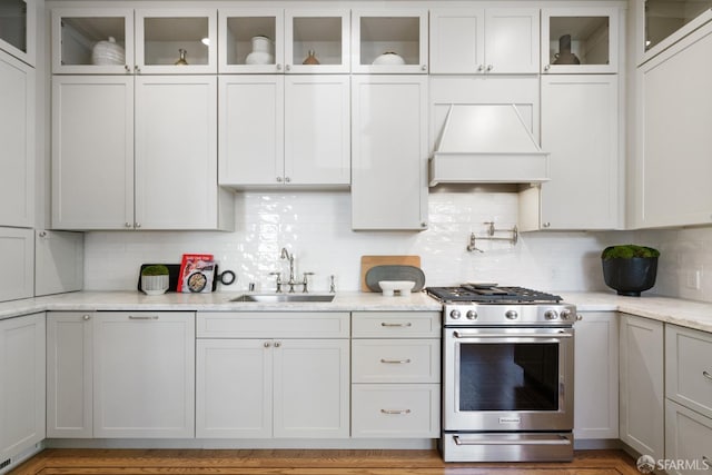 kitchen with stainless steel gas stove, light stone counters, a sink, premium range hood, and backsplash