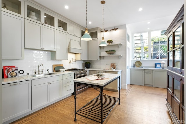 kitchen with premium range hood, a sink, light wood-type flooring, high end range, and open shelves