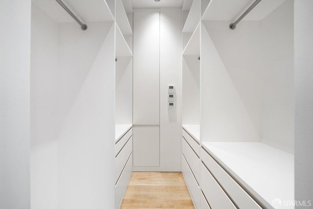 walk in closet with light hardwood / wood-style floors