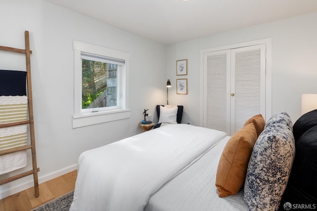 bedroom with wood-type flooring and a closet