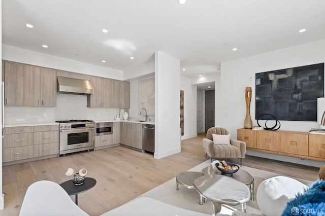 425 First St Unit 31, Los Altos, CA 94022 - kitchen with appliances with stainless steel finishes, exhaust hood, modern cabinets, light countertops, and light wood-type flooring