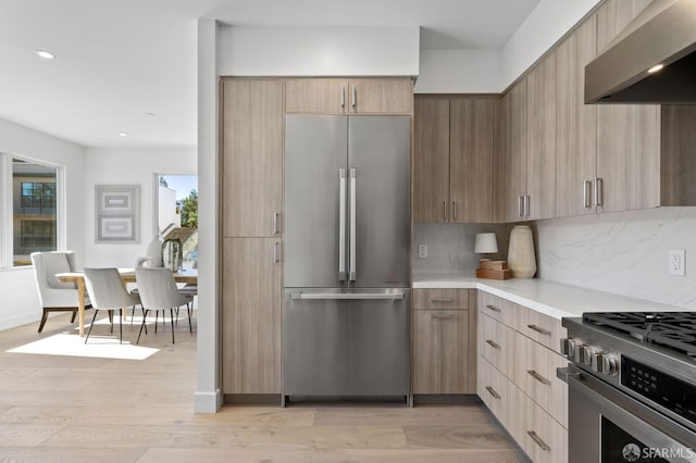 425 First St Unit 31, Los Altos, CA 94022 - kitchen with stainless steel appliances, wall chimney range hood, light wood finished floors, backsplash, and recessed lighting