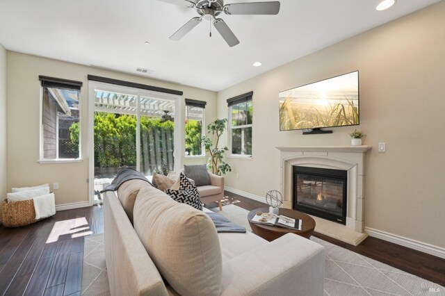 living room with ceiling fan and wood-type flooring