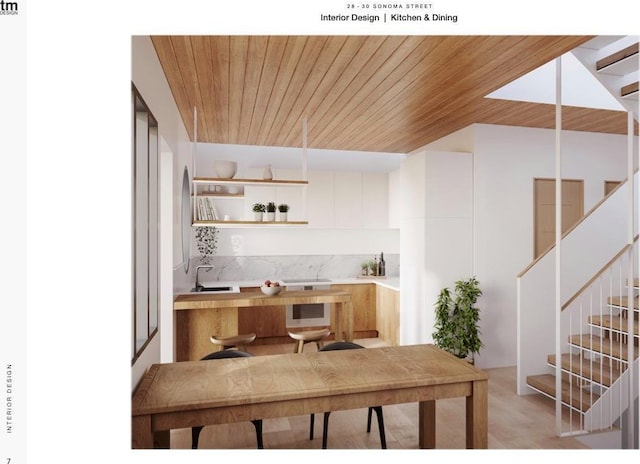28-30 Sonoma St, San Francisco, CA 94133 - kitchen featuring a sink, light countertops, wood ceiling, white cabinetry, and open shelves