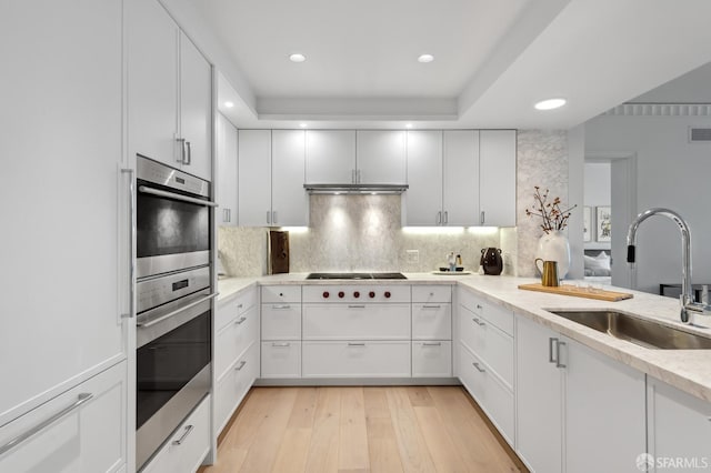 kitchen with white cabinetry, sink, and light hardwood / wood-style floors