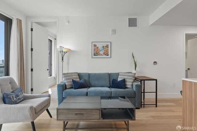 living room with a wealth of natural light and light hardwood / wood-style floors