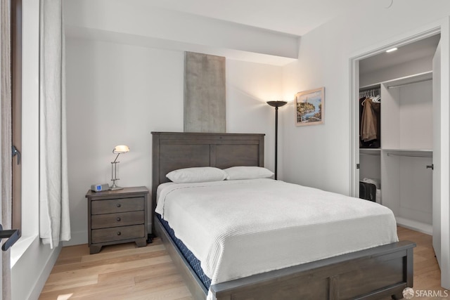 bedroom featuring light hardwood / wood-style floors, a spacious closet, and a closet