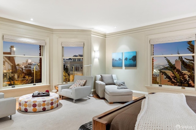 bedroom featuring carpet floors and crown molding