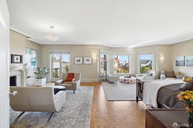 interior space with crown molding, a fireplace, and baseboards