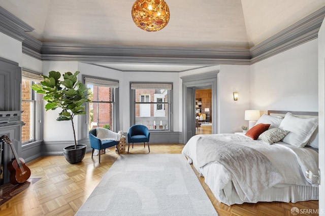 bedroom featuring a towering ceiling