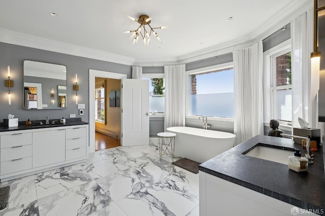 bathroom featuring a sink, a freestanding bath, two vanities, and ornamental molding