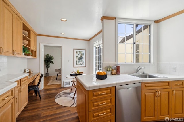kitchen featuring dishwasher, a sink, dark wood-style flooring, ornamental molding, and decorative backsplash