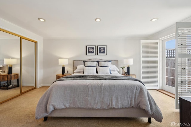 bedroom with carpet flooring, recessed lighting, a closet, access to exterior, and baseboards