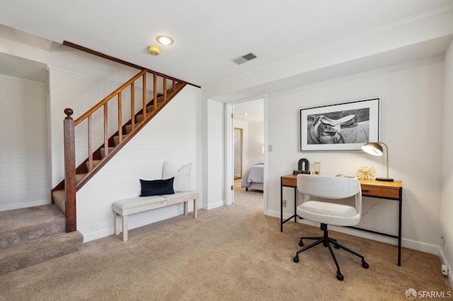 carpeted home office with ornamental molding, baseboards, and recessed lighting