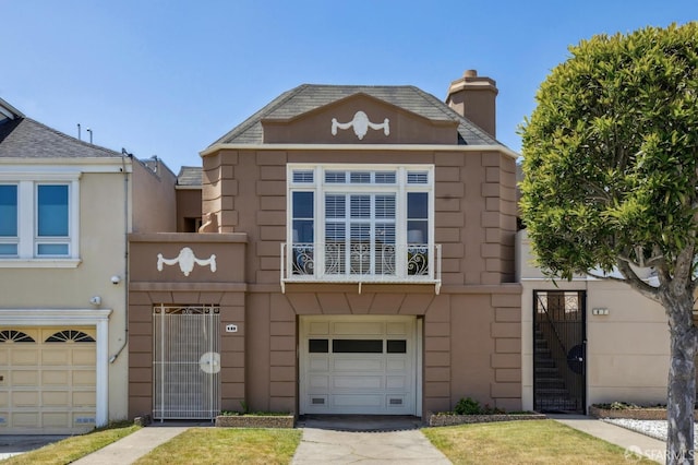 view of front of property featuring a garage, stucco siding, a chimney, and a gate