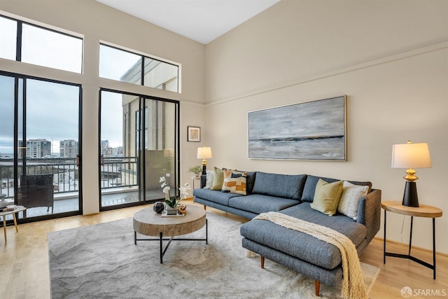 living room featuring wood-type flooring and a high ceiling