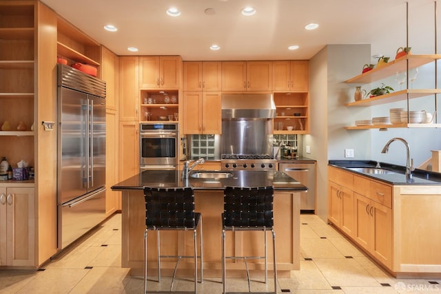 kitchen with appliances with stainless steel finishes, dark countertops, open shelves, a sink, and ventilation hood