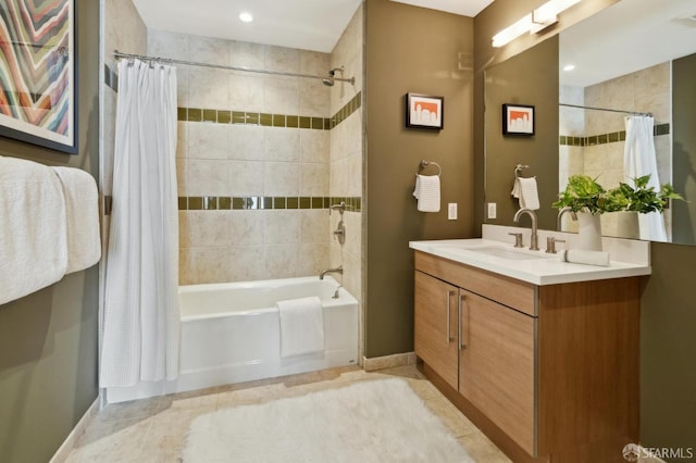 1 S Park St Unit 308, San Francisco, CA 94107 - bathroom with shower / tub combo with curtain, vanity, tile patterned floors, and baseboards