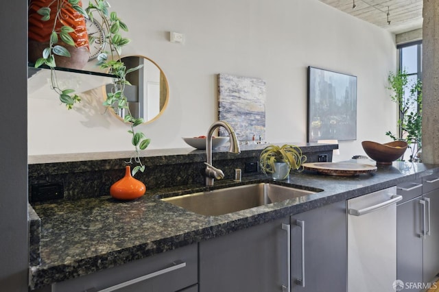 1 S Park St Unit 308, San Francisco, CA 94107 - kitchen with a sink, dishwasher, gray cabinetry, and dark stone countertops