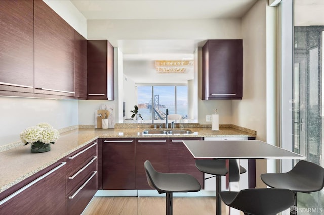 kitchen featuring light stone countertops, kitchen peninsula, a breakfast bar, and sink