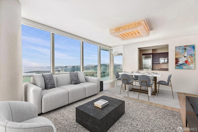 living room featuring light wood-type flooring and floor to ceiling windows