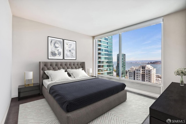 bedroom featuring a water view