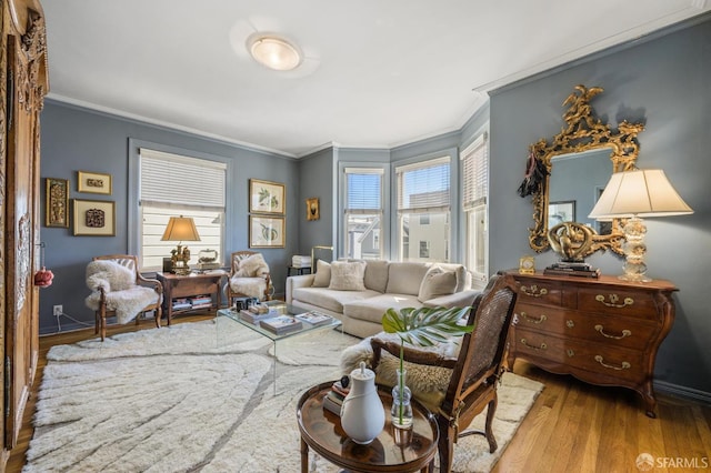 living room with light hardwood / wood-style flooring and ornamental molding