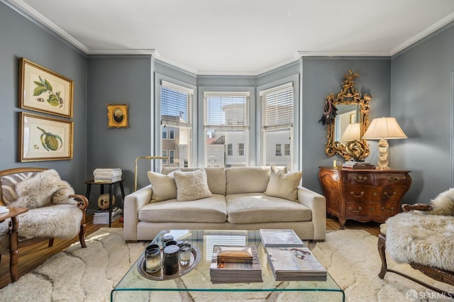 living room featuring ornamental molding and hardwood / wood-style flooring