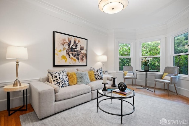 living room featuring wood-type flooring and ornamental molding